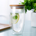 Insulated double wall glass cup with bamboo lid